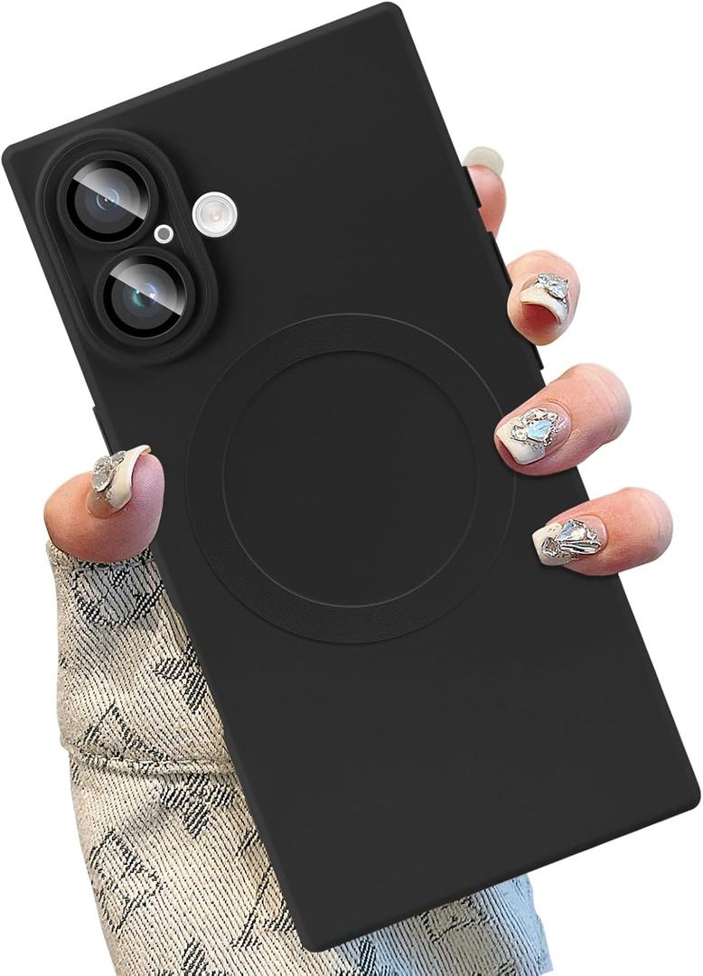 Silicone Case for iPhone 16 Magnetic with Camera Lens Protector Compatible with Magsafe Slim for Women Men Scratchproof Shockproof Protective Phone Case for iPhone 16 Black