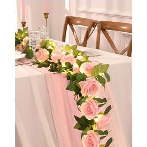 2 Pcs Flower Garland with 19.6 Ft Lights, 13.2 Ft Pink Floral Garland Fake Flowers for Wedding Arch Party Wall Garden Room Decor (2 Pack, Pink With Lights)