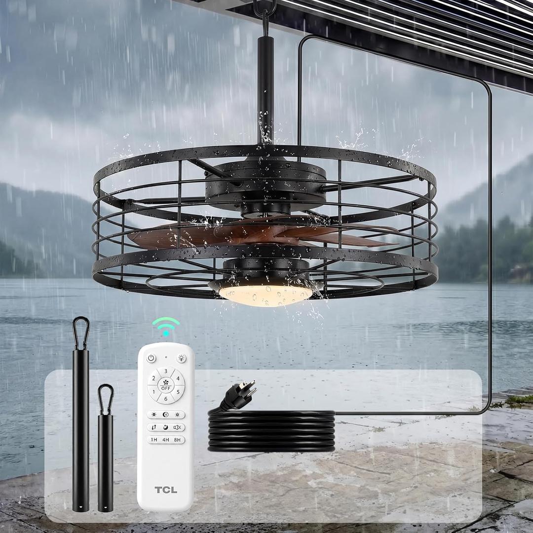 TCL 20" Waterproof Downrod Ceiling Fan with Light & Remote
Black Metal Cage Design with 7 Blades for Patio, Porch, Gazebo, 6 speeds, Dimmable LED, DC Motor, Noiseless Fan
