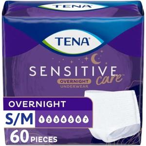 Tena Sensitive Care Overnight Incontinence Underwear for Women, Bladder Control and Postpartum, Small/Medium, 60 Count (Waist Size: 25in-35in)