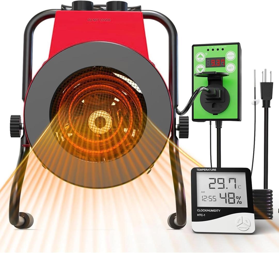 Buyplus Greenhouse Heater with Digital Thermostat, 1500W Outdoor Heaters for Patio, Overheat Protection & 3S Fast Heating, Electric Space Heater for Patio, Garage, Greenhouse, Flower House, Red