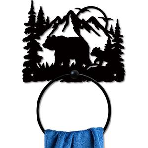 MAYJOYDIY Bear Forest Metal Towel Ring Animal Mountain Towel Holder Sun Bird Metal Bath Towel Ring Wall Mounted Black Art Towel Rack for Bathroom Accessories Wall Mounted Decoration