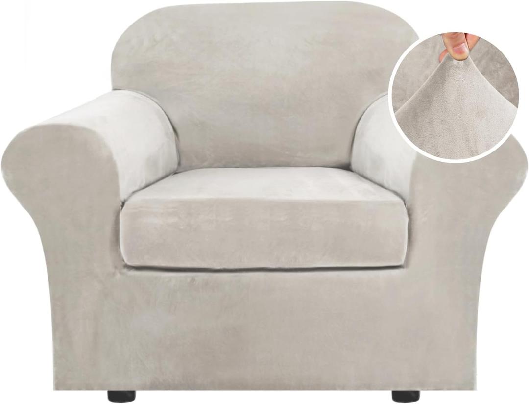 H.VERSAILTEX Rich Velvet Stretch 2 Piece Chair Cover Chair Slipcover Sofa Cover Furniture Protector Couch Soft with Elastic Bottom Chair Couch Cover with Arms Width Up to 49 Inch(Chair, Oatmeal)