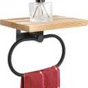 TocTen Hand Towel Holder for Bathroom Wall Mount Towel Ring with Wooden Shelf, Premium Metal Hand Towel Rack, Bathroom Accessories Rustic Hand Towel Hanger for Bathroom Kitchen RV(Matte Black)