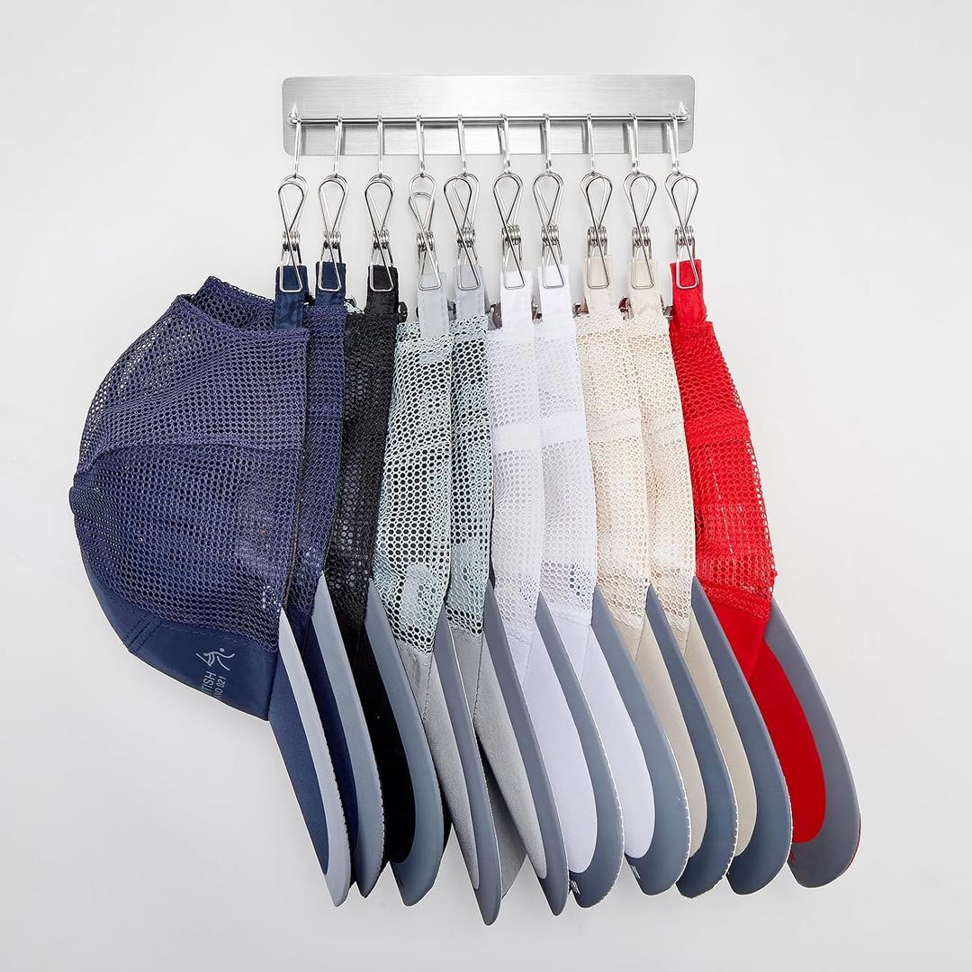 Hat Rack for Wall Baseball Cap Organizer Hanger with 10 Hooks Stainless Steel Hat Storage Wall Mounted Hat Holder Clip Caps Hanger for Closet Bedroom Entryway