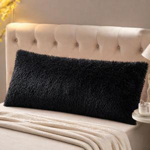 Reafort Luxury Faux Fur Body Pillow Cover 21" x 54", Long Hair PV Plush Body Pillow Case with Hidden Zipper Closure, Ultra Soft Fluffy Decorative Long Pillow Cover (Black, Body)