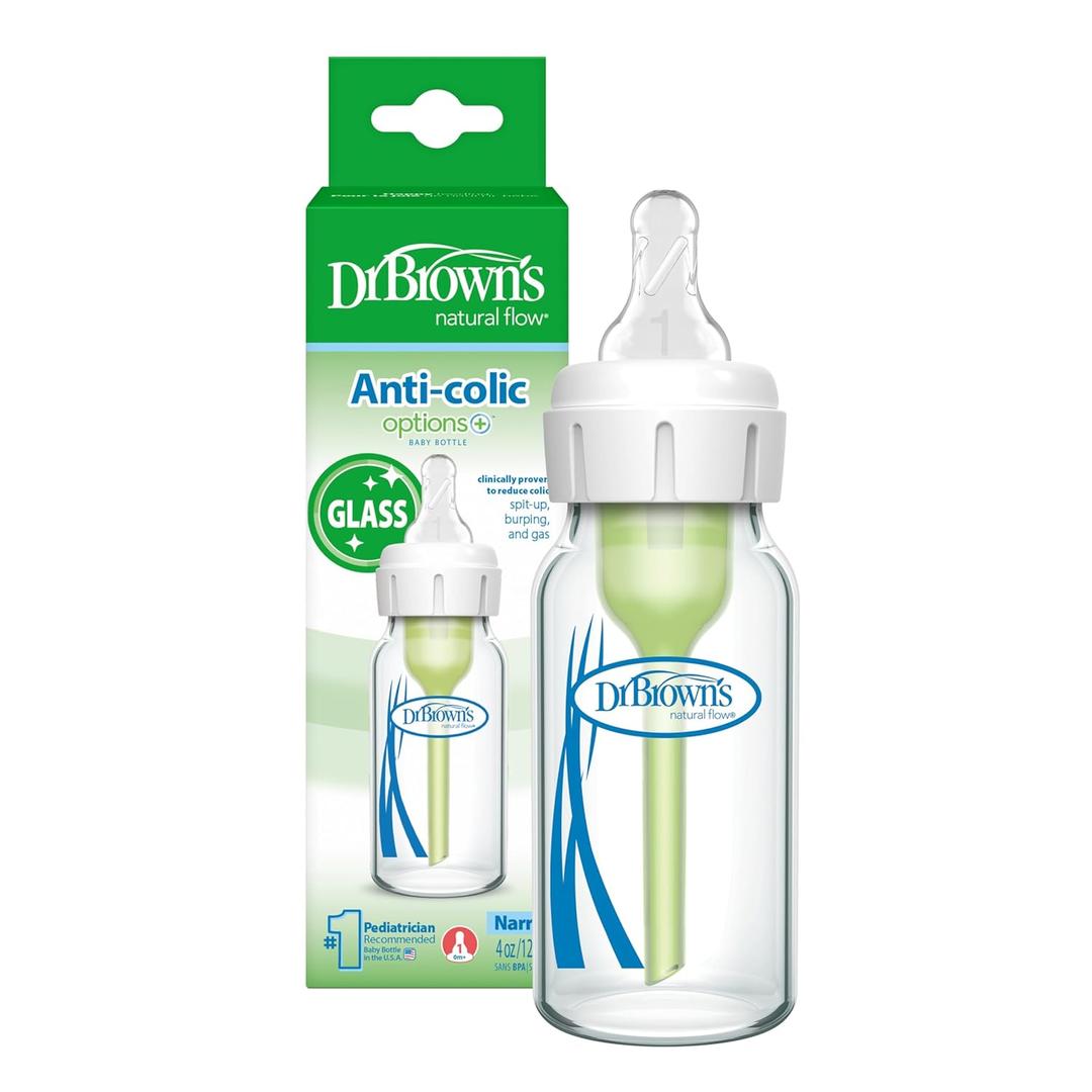 Dr. Brown's AntiColic Options+ Narrow Glass Baby Bottles 4 oz/120 mL, with Level 1 Slow Flow Nipple, 3 Pack 0m+ with Mint 100% Silicone Sleeves, BPAFree