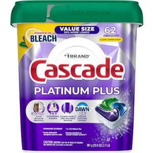 Cascade Platinum Plus Dishwasher Pods, Dish Detergent Soap, Clean Scent, 62 Count