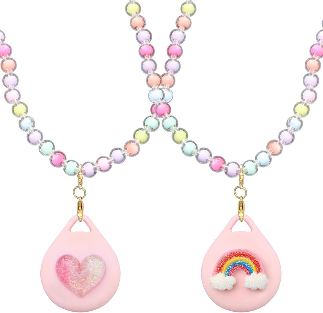 2 Pack Kids Necklace Holder for Airtag, Cute Girls Rainbow & Heart Shape Beaded Necklace Case for Girls