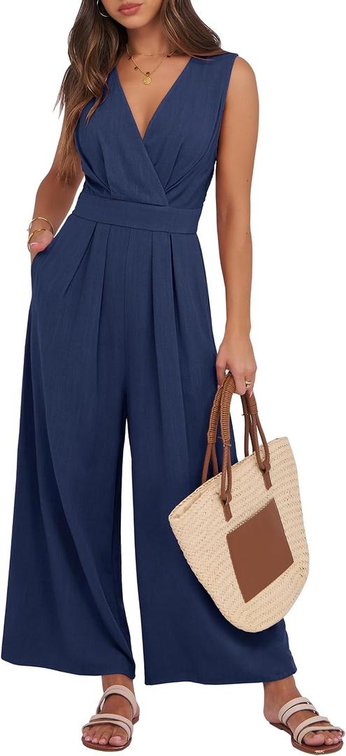 ANRABESS Women Jumpsuits Sleeveless V Neck Elegant Dressy Casual Backless One Piece Pants Romper 2025 Summer Outfits Navy Blue Small