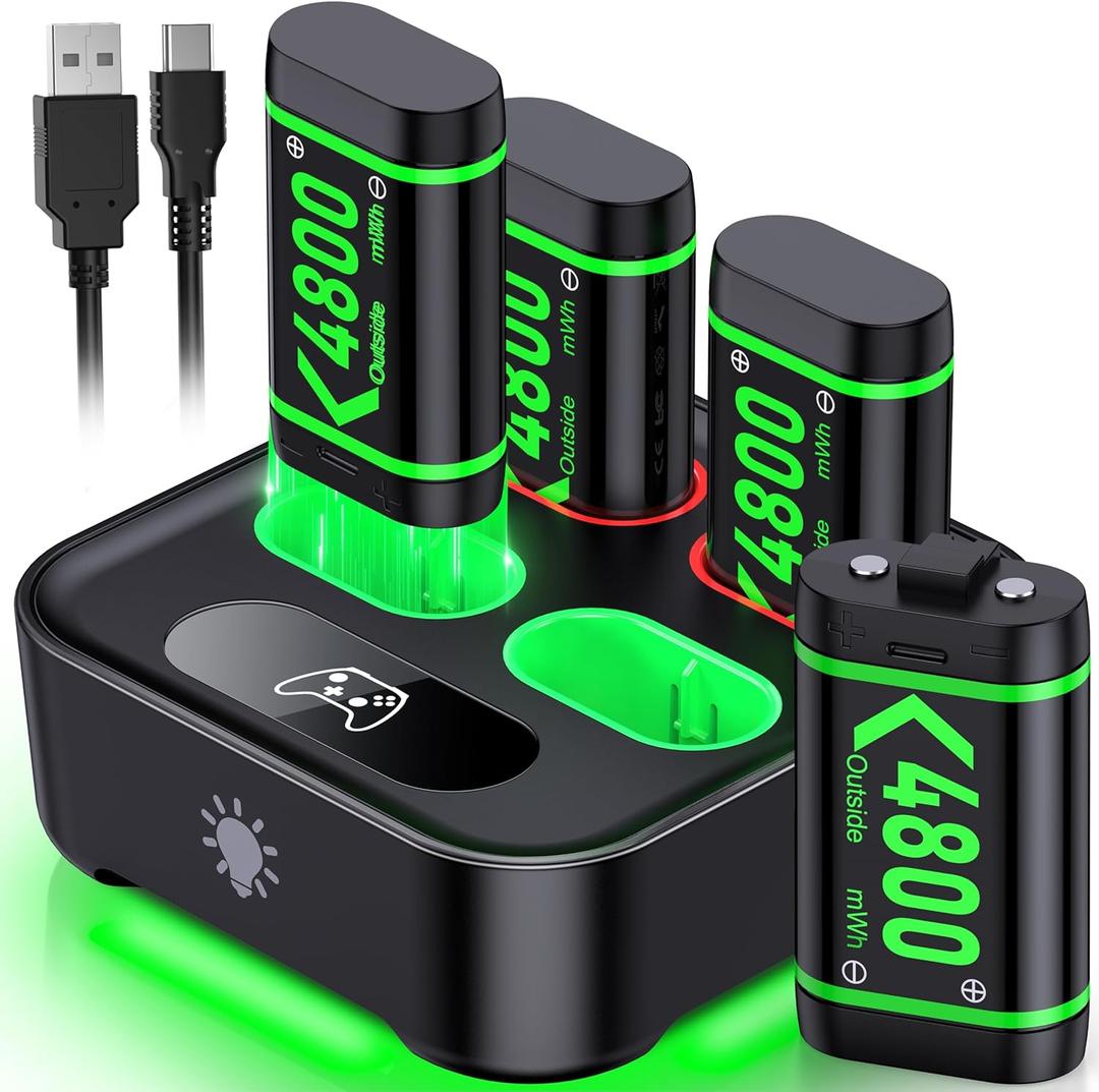 Upgraded Fast Charging Rechargeable Battery Packs with Light Control, 4 x 4800mWh Xbox Controller Batteries with Charger Dock for Xbox Series X|S, One S/X/Elite Controllers,Cases and Storage Sets