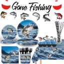 Fishing Birthday Party Decorations Tableware Set Serves 24 Guests, Gone Fishing Supplies for Boy Includes Plates, Napkins, Cups, Tablecloth, Cupcake Toppers, Banner for Fishing Party Decorations