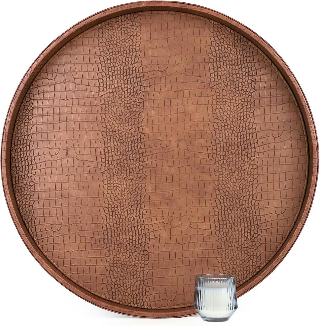 HofferRuffer Large Round Serving Tray 24'', Elegant Faux Leather Circle Ottoman Table Tray, Serve Tea Coffee Breakfast in Bedroom Living Room Kitchen (Antique Brown, 24'')