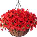 Artificial Fake Hanging Flowers Plants Baskets for Outdoor Outside Spring Summer Decoration, Faux Silk Red Morning Glory in Planter UV Resistant Realistic for Home Porch Patio Balcony Garden Yard (12 Bundles)