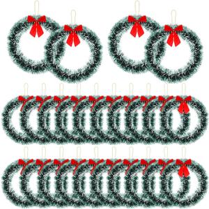 Wavyknot 24 Pcs 12 Inch Christmas Wreath with Red Bow Bulk Artificial Christmas Garland Creative Winter Decoration Christmas Tree Hanging Ornaments for Window Front Door Kitchen Shop Indoor Outdoor (White)