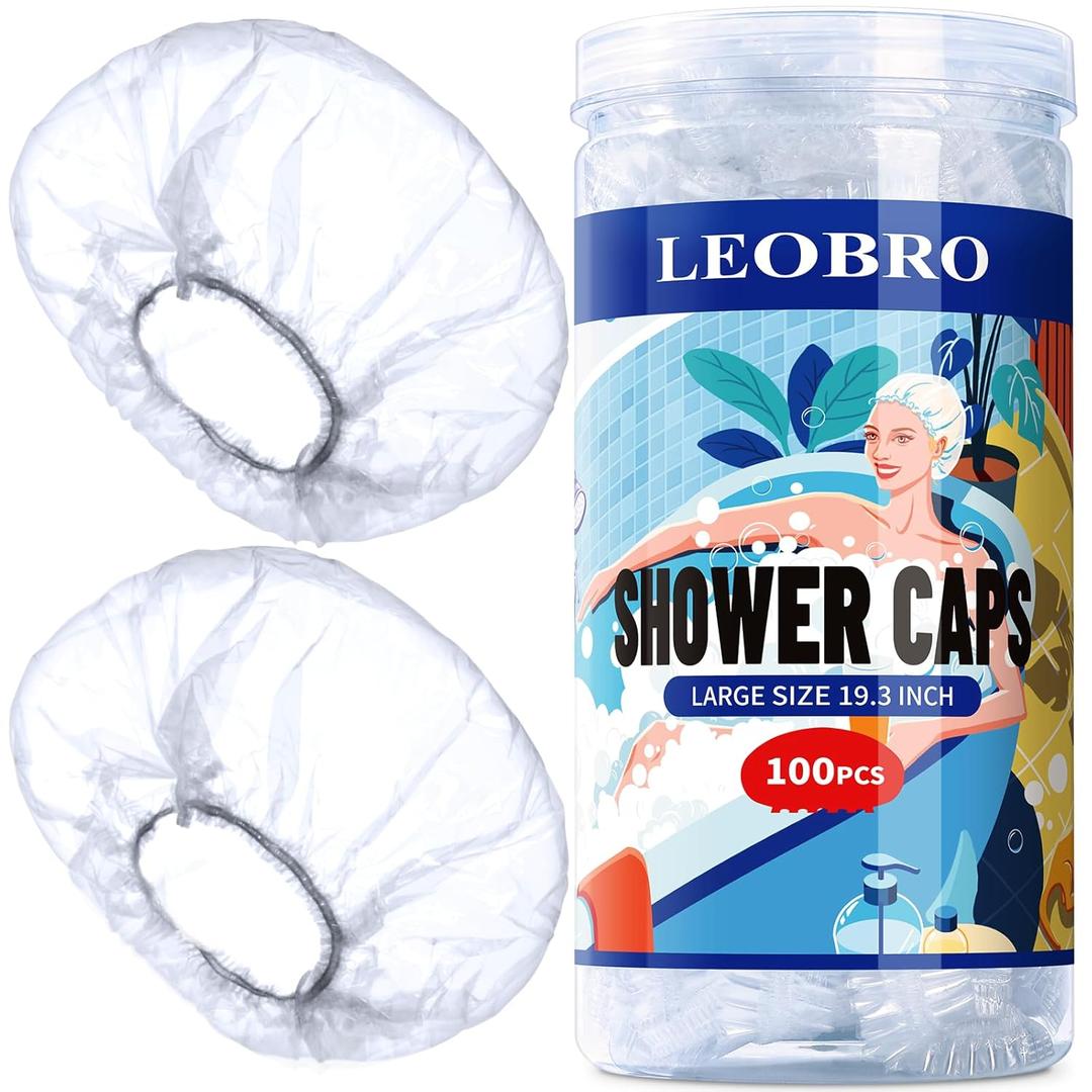 LEOBRO 100PCS Disposable Shower Caps, Large Shower Caps for Women Disposable, Clear Plastic Shower Cap, Plastic Hair Caps for Hair Treatment, Large Size 19.3 INCH
