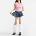 Women Y2K Crop Tops Short Sleeve Ribbed Knit Shirts Cute Bow Embroidery Tee Shirts Teen Girls Slim Fitted Baby Tees (Large, Pink)