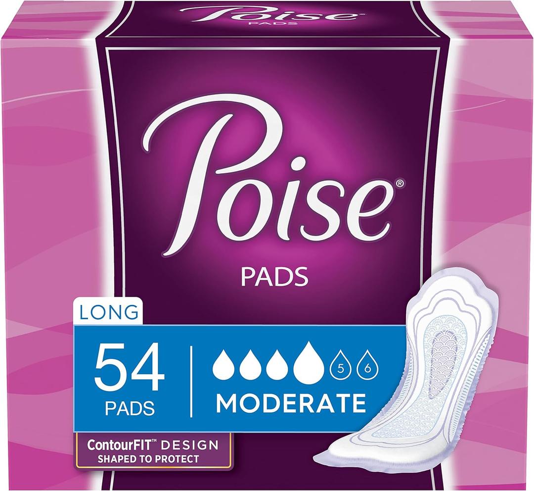 Poise Incontinence Pads, Moderate Absorbency, Long, 54 Count (Pack of 2)