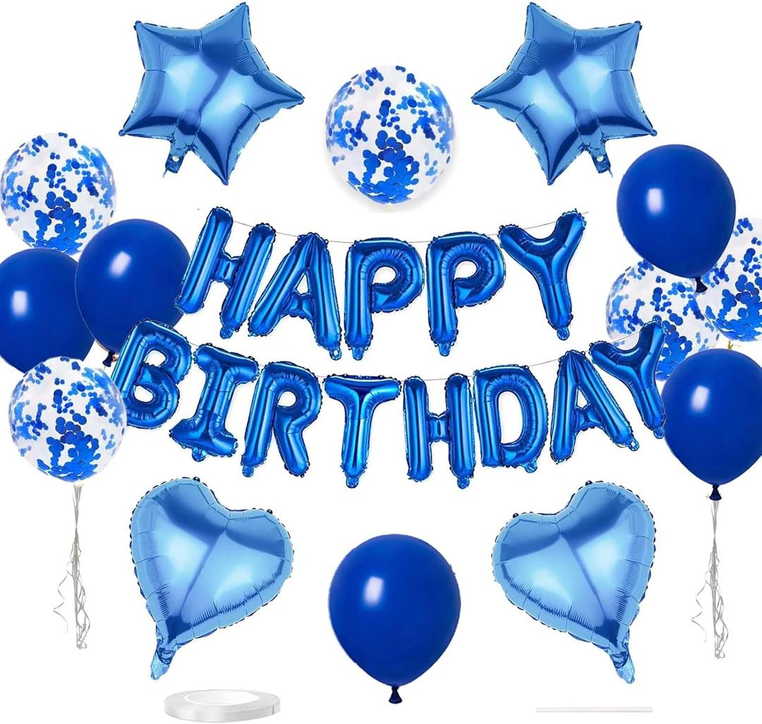27 Pcs Dark Blue Birthday Decorations, 3D Foil Dark Blue Happy Birthday Balloon Banner, Pentagram Heart Foil Balloons Confetti Balloons Kit For Boys Girls Birthday Party Supplies