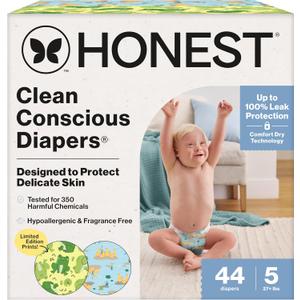 The Honest Company Clean Conscious Diapers, Up to 100% Leak Protection, Designed to Protect Delicate Skin, Hypoallergenic + Fragrance-Free, UR Ribbiting + Waddle It Be, Club Box, Size 5, 44 Count