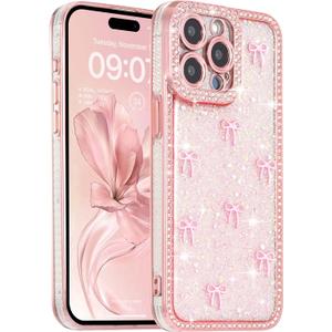 FABSPARK Case for iPhone 14,3D Pink Ribbon Bow,Crystal Clear Glitter Diamond Rhinestone Sequin Shiny Sparkly Bling,Aesthetic Transparent Soft for iPhone 14 Case - Pink/Pink Bow