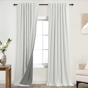 KOUFALL 102 Inch Long Curtains,Blackout Linen Cream Ivory Black Out Pleated Curtains for Living Room 2 Panels Set