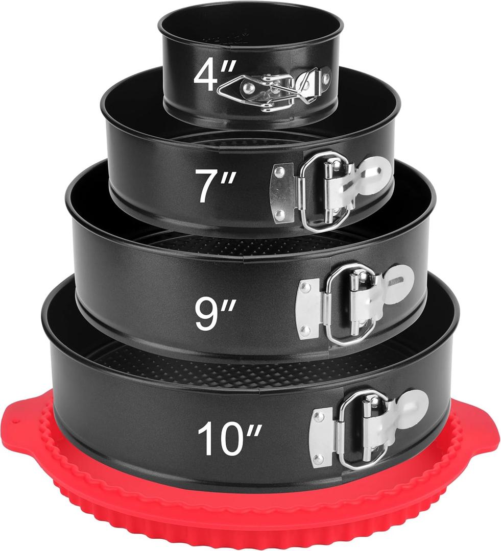Springform Pan Set of 4, 4/7/9/10inch Cake Pans with Leakproof Silicone Protector, Non-Stick Leak-Proof with Removable Bottom, Cheesecake Pan for Baking, Black