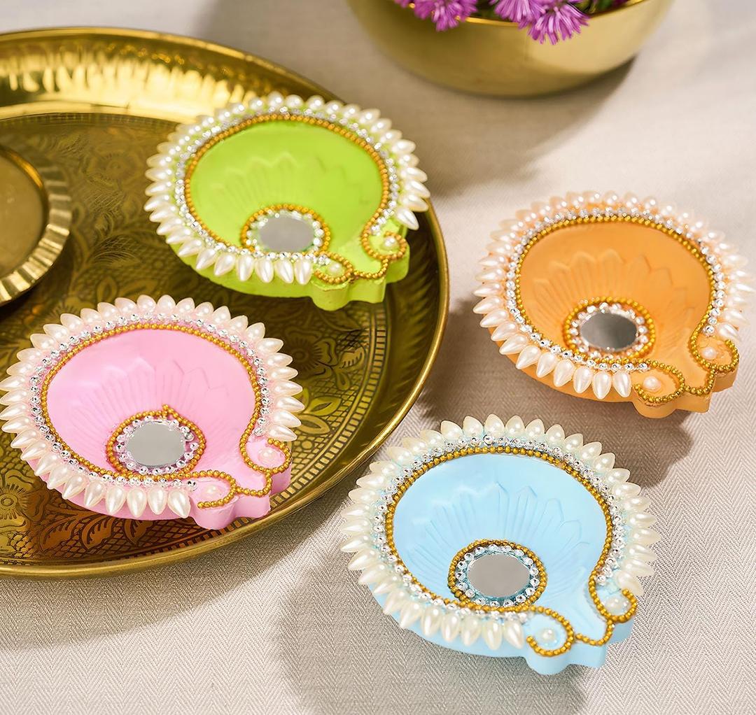 Indotribe 12 Pcs 3 Inch Diyas for Pooja Clay Diya for Diwali Decorations for Home Return Gifts for Housewarming Indian Diyas for Decoration House Warming Decoration Indian Terracotta Diya for Pooja (Multicolor Moti)