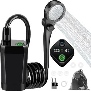 Portable Camping Shower, 6000mAh Rechargeable Outdoor Shower Pump with LED Display, 3 Spray Modes, IPX7 Waterproof Camping Shower Kit for Hiking, Travel, Car Washing, RV, Pet Bath