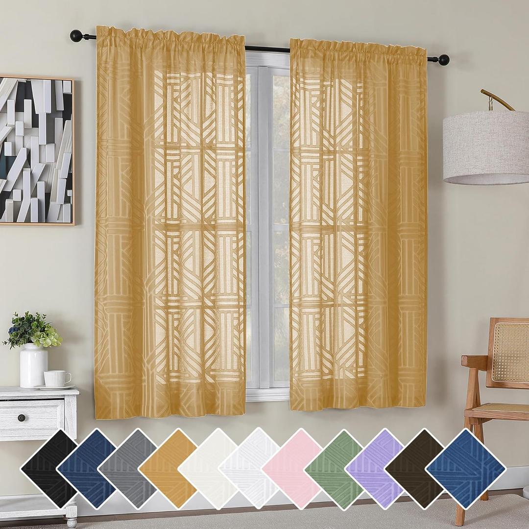 Simplebrand Gold Semi Sheer Curtains 63 Inch Length 2 Panels, Light Filtering Geometric Jacquard Clip Textured Short Sheer Curtains for BedroomModern Elegant Window Curtains Drapes, 42x63 inch