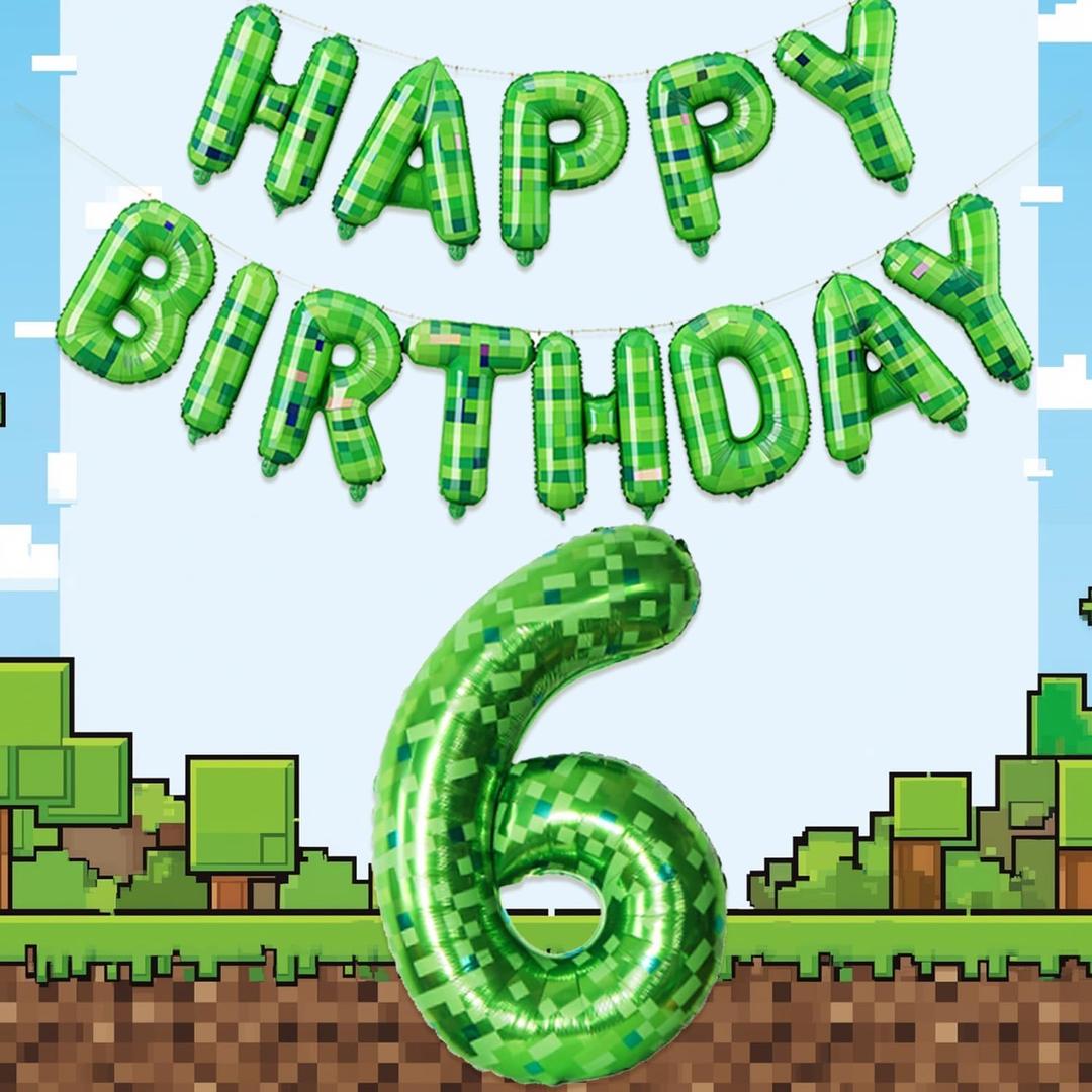 Green Pixel Style Happy Birthday Banner and 40 Inch Number 6 Foil Balloon Set for Boys Birthday Party, Video Game Theme Birthday Decorations, Gamer Pixelated Party Supplies