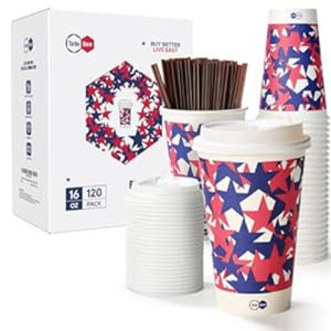 Turbo Bee 16 OZ Disposable Coffee Cups with Lids, 120 Pack To Go Hot Coffee Cups with Lids and Straws for Travel, Party, Restaurants and Business