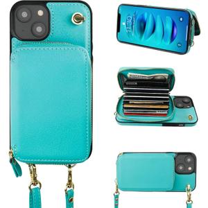 Bocasal Crossbody Wallet Case for iPhone 14 Plus, RFID Blocking Leather Purse Case with Card Holder, Protective Handbag Flip Cover with Zipper Wrist Strap Lanyard for Women 5G 6.7 Inch (Mint Green)