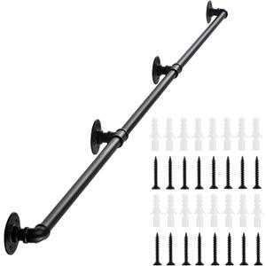 Handrail for Indoor Stairs - 14 Feet Wall Mount Industrial Iron Pipe - Metal Railing Non-Slip Grab Bar - Stairs Porch Deck Hand Rail Matte Black
