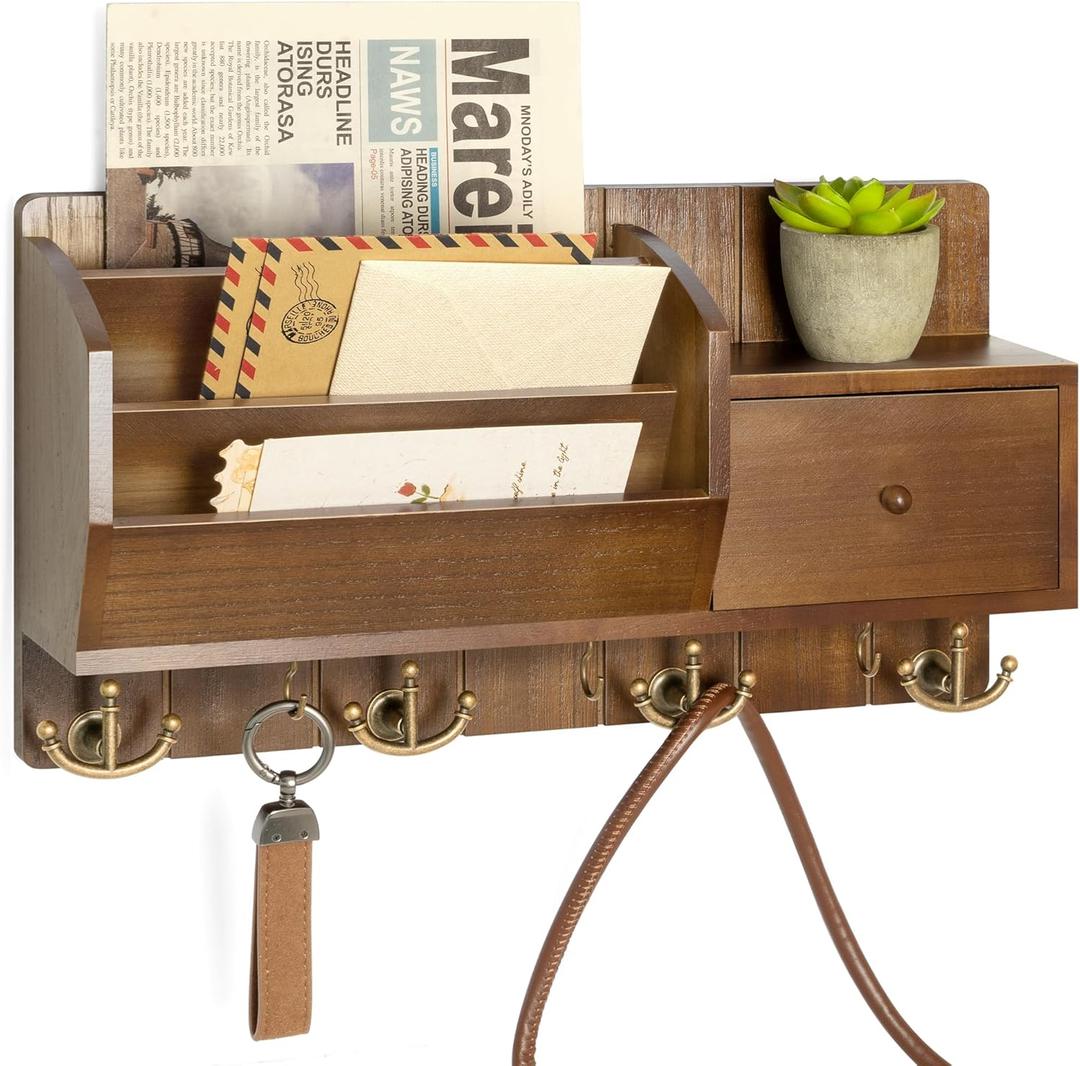 Key Holder Wall Mount with Mail Sorter - Modern Farmhouse Key and Mail Organizer with Hooks and Mini Drawer for Home Decor - Rustic Apartment Essentials for Home Improvement (Brown & Golden Hooks)