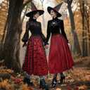 Halloween Skirts for Women with Witch Hat Velvet Bats Mesh Tulle Midi Skirt for Costume Party Outfit (Small-Medium, Red)