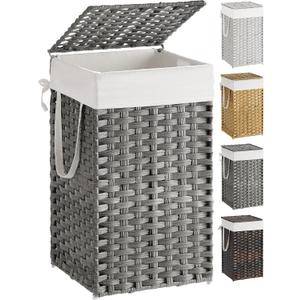 SONGMICS Laundry Hamper with Lid, 17.2 Gallon (65 L) Synthetic Rattan Clothes Laundry Basket with Lid and Handles, Foldable, Removable Liner, Dove Gray ULCB165G01