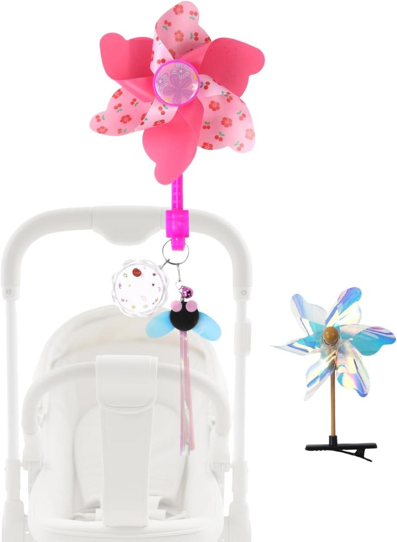 Spinning Windmill Stroller Identification Hanger, Easy-Clip Stroller Tag with Vibrant Ribbons and Name Tag, Instantly Spot Your Stroller in Crowded Parks, Airports, Shopping Malls (Pink Little Flower)