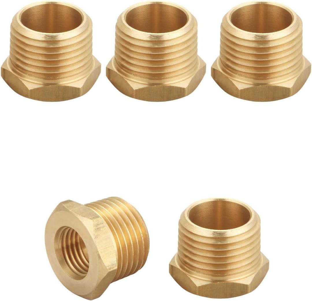 Brass Hex Reducer Bushing Adapter, 1/2" NPT Male x 1/4" NPT Female, Fits Pressure Gauges & Air Distribution Systems, For Hard Line or Fixed Air Lines, Thread 0.75" OD to 0.5" ID, 5pcs