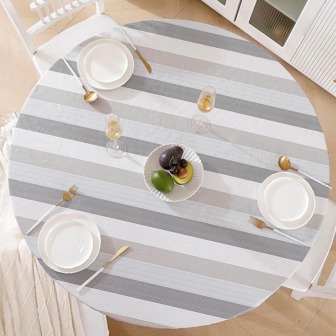 Round Vinyl Fitted Tablecloth with Flannel Backing Elastic Edge Design Table Cover Waterproof Oil-Proof PVC Table Cloth Stain-Resistant Best for 37"-44" Round (Line)