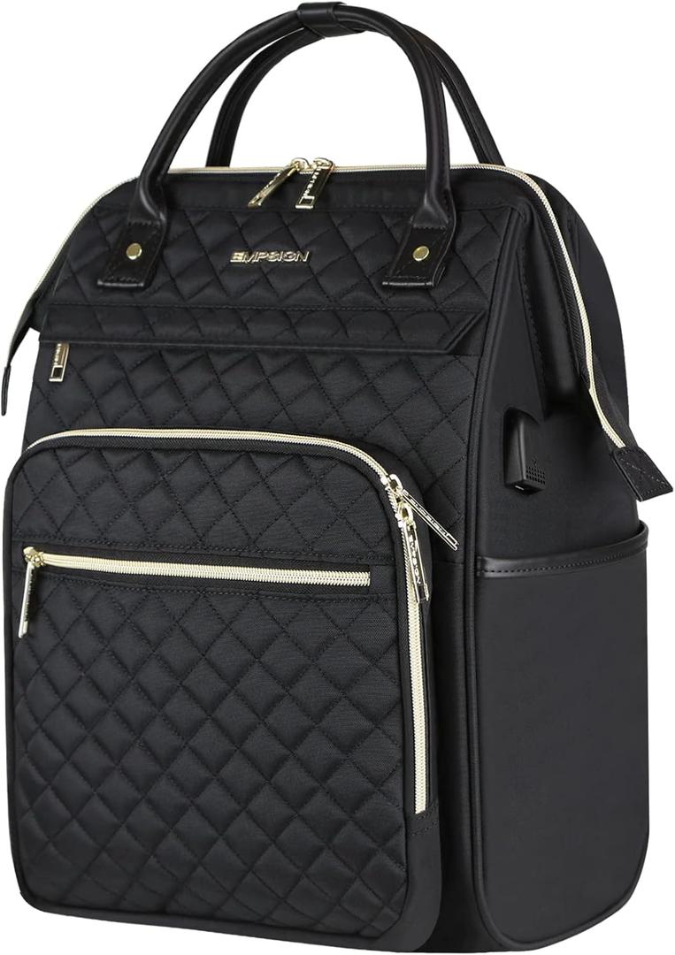 EMPSIGN 17 Inch Laptop Backpack for Women, Work Business Travel Computer College Bags, Large Capacity Water-repellent Quilted Casual Daypack with USB Port, Black