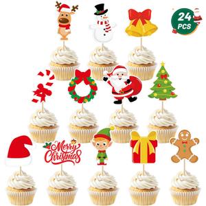 24 Pcs Christmas Cupcake Toppers, Xmas Cake Decorations Toothpicks with Santa Claus Snowman Bells Gingerbread Designs, Christmas Cake Topper Picks for New Year Holiday Party Decorations Supplies