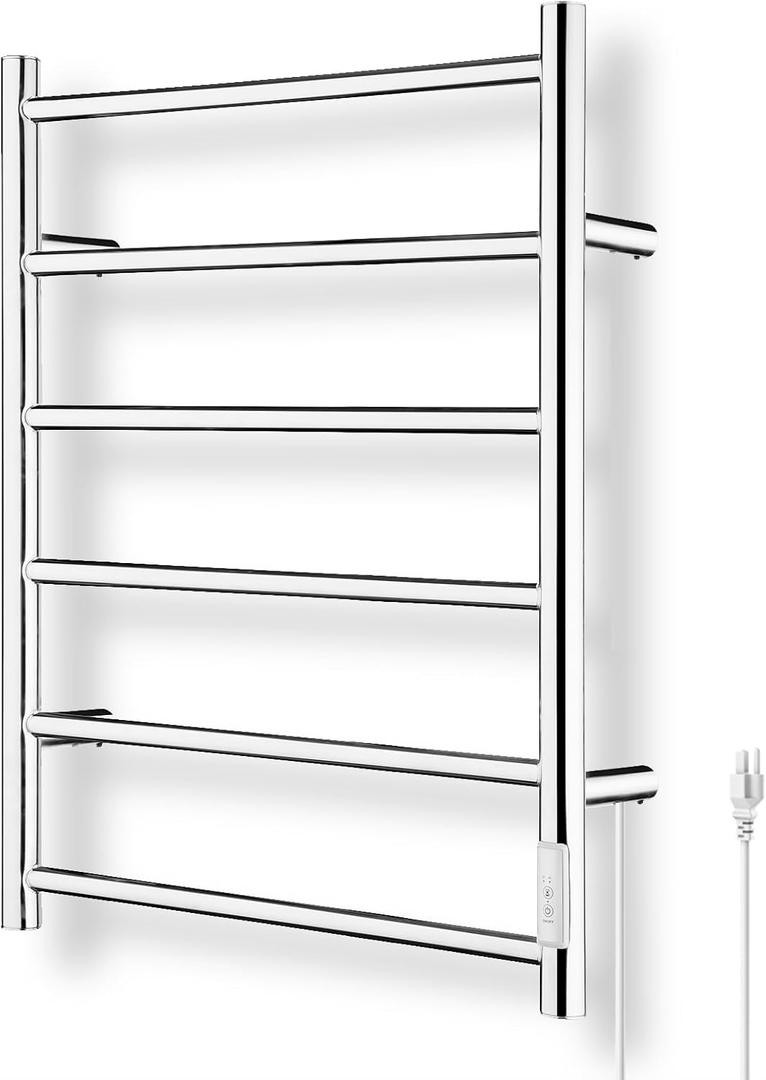 R FLORY 6 Bars Towel Warmer for Bathroom, Wall Mounted Electric Heated Towel Rack with Timer, Plug-in/Hardwired Stainless Steel Towel Heater, Chrom