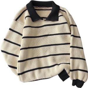 Floerns Women's Collared Striped Sweaters Preppy Oversized Knit Fall Pullover Sweater (Medium, Black and Khaki)