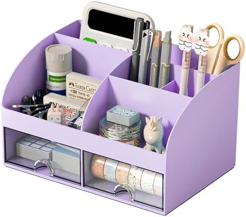 COMFYROOM Desk Organizer with 6 Compartments and 2 Drawers, Plastic Makeup Organizer, Pen Holder for Desktop Storage, Desk Organization for School, Home, Office Supplies (Purple)