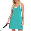 HanaHola Women Tennis Workout Romper Mini Dress Summer Sleeveless Spaghetti Strap Athletic Sports Dress with Shorts(Cyan, Small) (S)