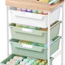 Rolling Craft Storage Cart with 4 Drawers,Utility Cart with Drawers,Art Craft Organizers and Storage,Kids Craft Cart,Kids Art Cart With DIY Lable and Wooden Tabletop Area,Green