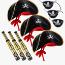 SKYLETY 9 Pieces Pirate Costume Accessories Telescopes Eye Patches for Halloween Cosplay (Pirate Captain Hat)