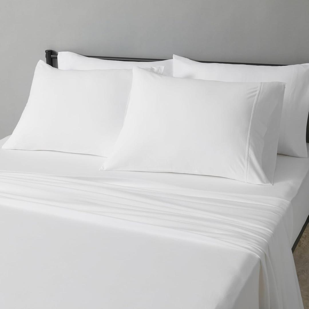 Amazon Basics 100% Cotton Jersey Bed Sheet Set, King, White, Solid
