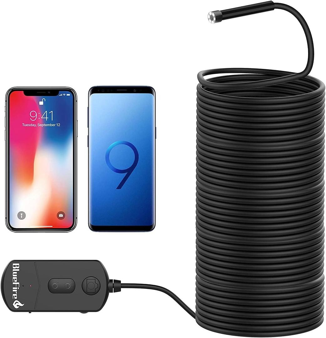 BlueFire Upgraded Super Long 1080P Semi-Rigid Wireless Endoscope, 2 MP HD WiFi Borescope Inspection Camera, Zoomable Focus 1800mA Battery Snake Camera for Android & iOS Smartphone Tablet (15M)